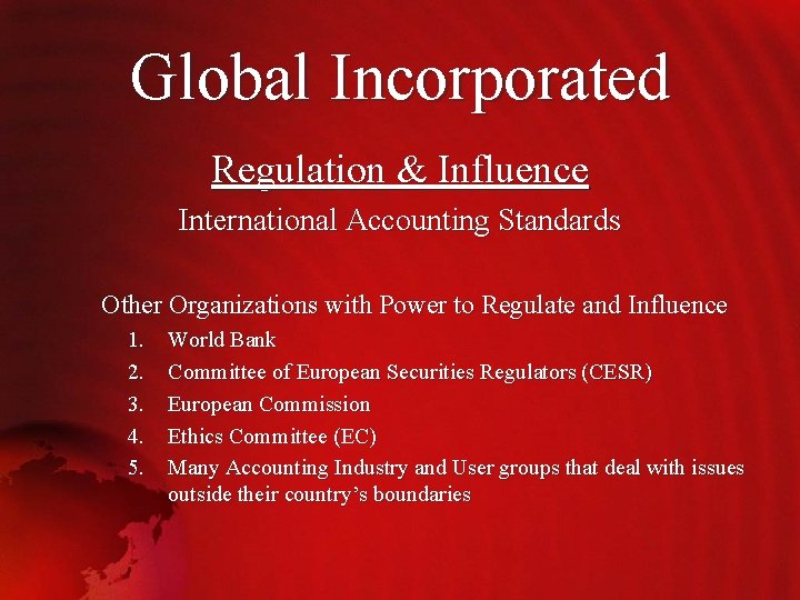 Global Incorporated Regulation & Influence International Accounting Standards Other Organizations with Power to Regulate