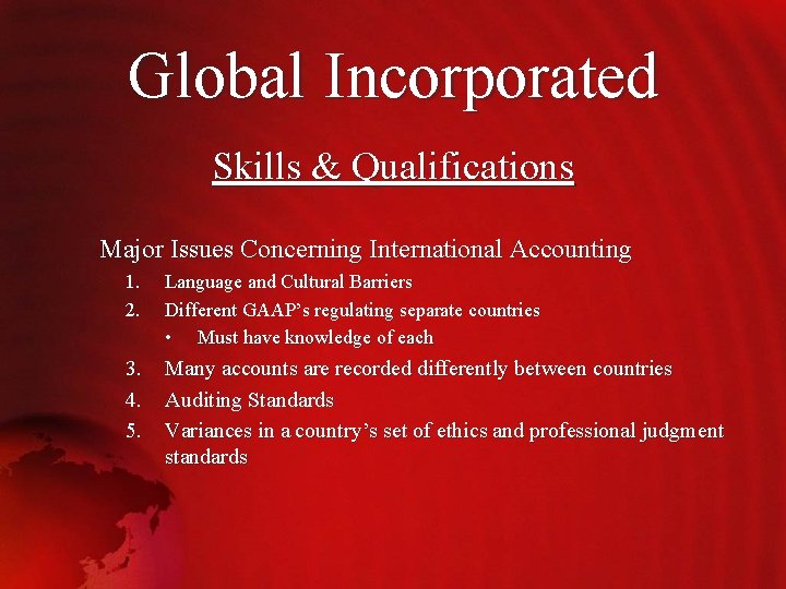 Global Incorporated Skills & Qualifications Major Issues Concerning International Accounting 1. 2. Language and