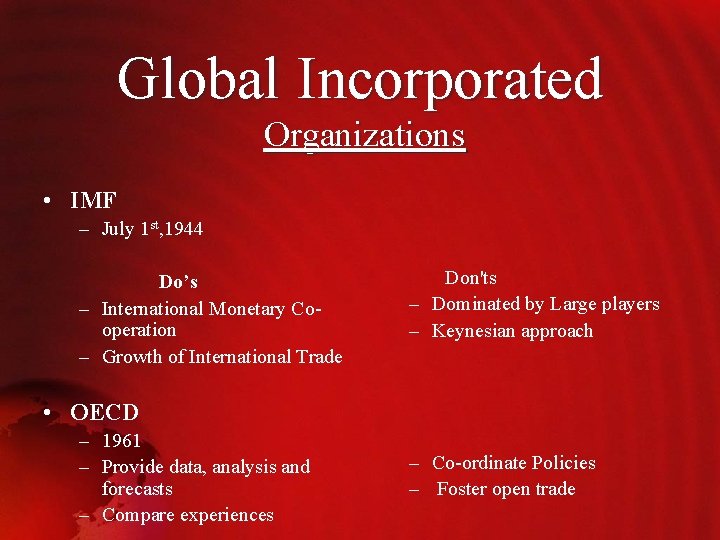 Global Incorporated Organizations • IMF – July 1 st, 1944 Do’s – International Monetary