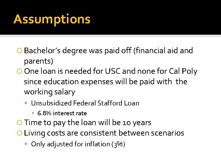 Assumptions Bachelor’s degree was paid off (financial aid and parents) One loan is needed