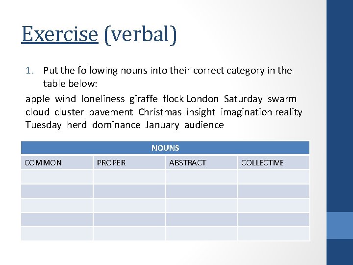 Exercise (verbal) 1. Put the following nouns into their correct category in the table