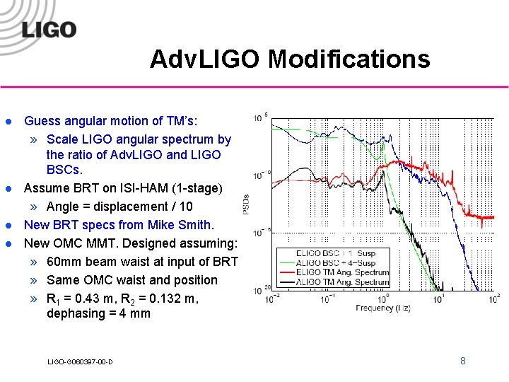 Adv. LIGO Modifications l l Guess angular motion of TM’s: » Scale LIGO angular