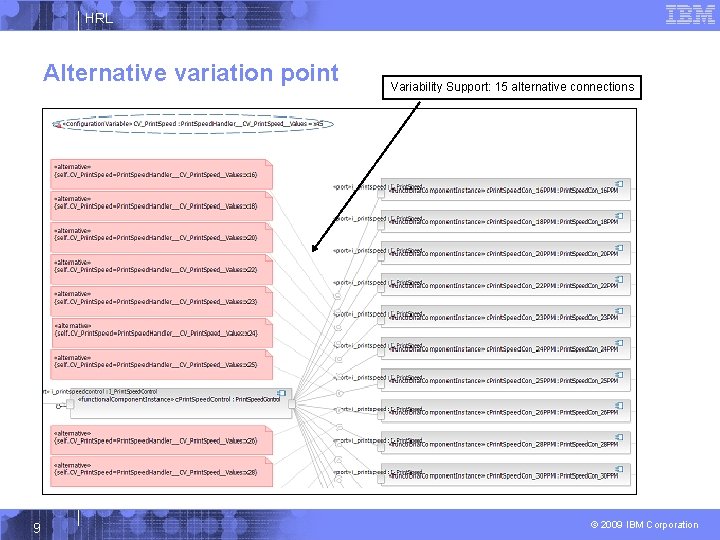 HRL Alternative variation point 9 Variability Support: 15 alternative connections © 2009 IBM Corporation