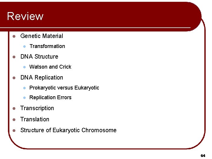 Review l Genetic Material l l DNA Structure l l Transformation Watson and Crick