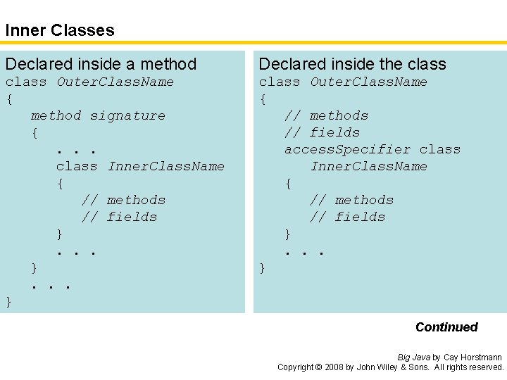 Inner Classes Declared inside a method Declared inside the class Outer. Class. Name {