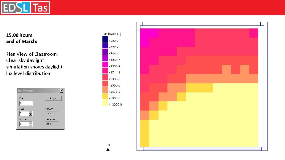 15. 00 hours, end of March: Plan View of Classroom: Clear sky daylight simulation