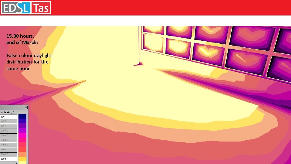 15. 00 hours, end of March: False colour daylight distribution for the same hour
