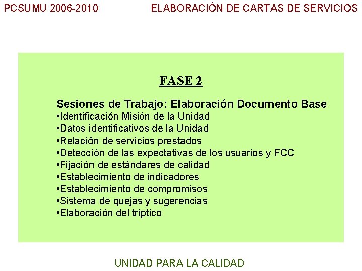 PCSUMU 2006 -2010 ELABORACIÓN DE CARTAS DE SERVICIOS UC FASE 2 Sesiones de Trabajo:
