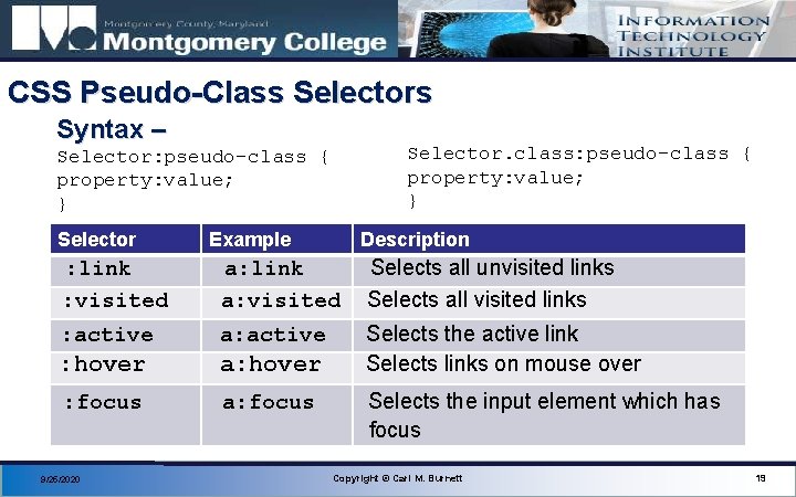 CSS Pseudo-Class Selectors Syntax – Selector. class: pseudo-class { property: value; } Selector Example