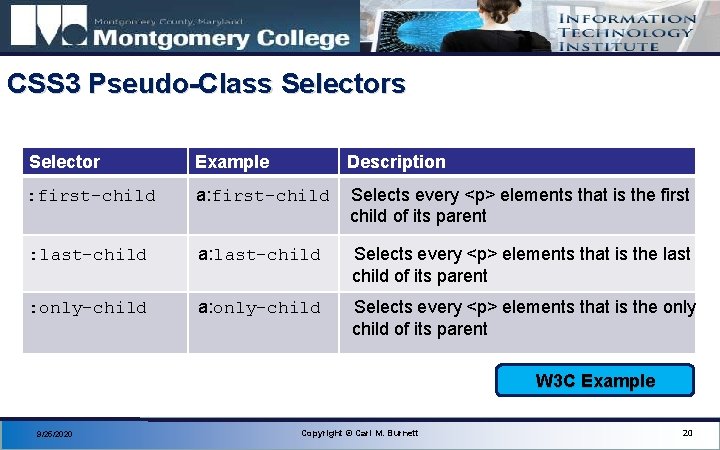 CSS 3 Pseudo-Class Selector Example Description : first-child a: first-child Selects every <p> elements
