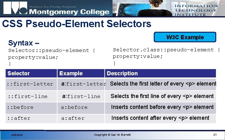 CSS Pseudo-Element Selectors W 3 C Example Syntax – Selector: : pseudo-element { property: