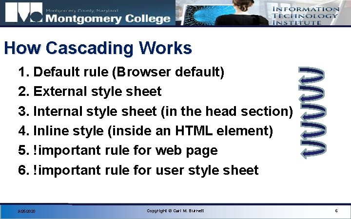 How Cascading Works 1. Default rule (Browser default) 2. External style sheet 3. Internal