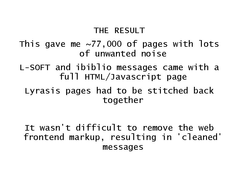 THE RESULT This gave me ~77, 000 of pages with lots of unwanted noise