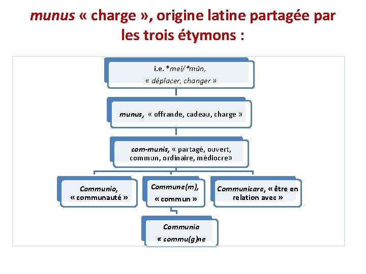 munus « charge » , origine latine partagée par les trois étymons : i.