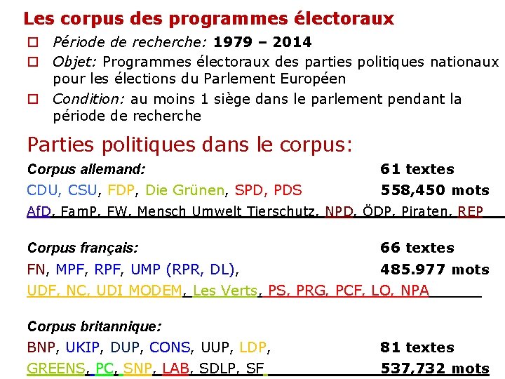 Les corpus des programmes électoraux o Période de recherche: 1979 – 2014 o Objet: