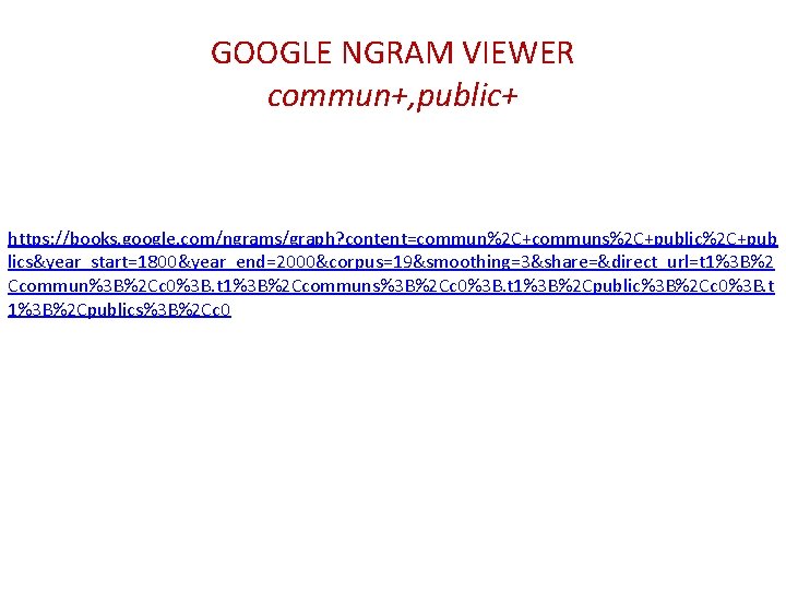 GOOGLE NGRAM VIEWER commun+, public+ https: //books. google. com/ngrams/graph? content=commun%2 C+communs%2 C+public%2 C+pub lics&year_start=1800&year_end=2000&corpus=19&smoothing=3&share=&direct_url=t