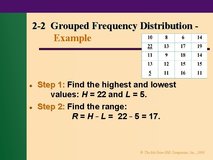2 -2 Grouped Frequency Distribution Example l l Step 1: Find the highest and