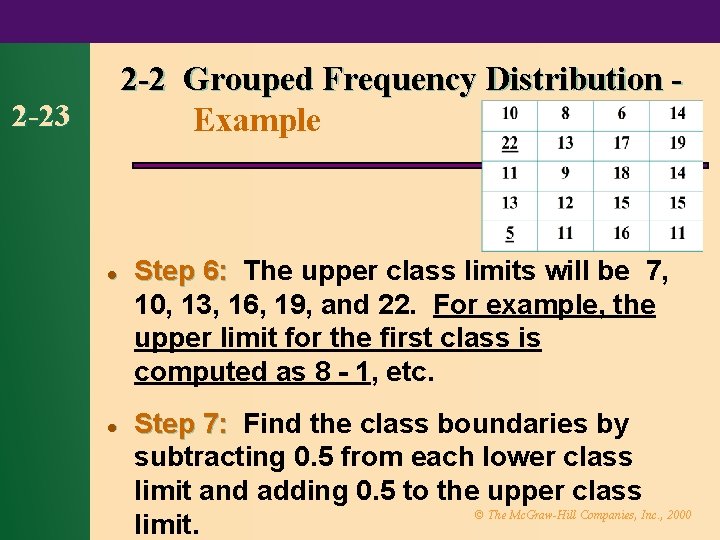 2 -2 Grouped Frequency Distribution Example 2 -23 l l Step 6: The upper