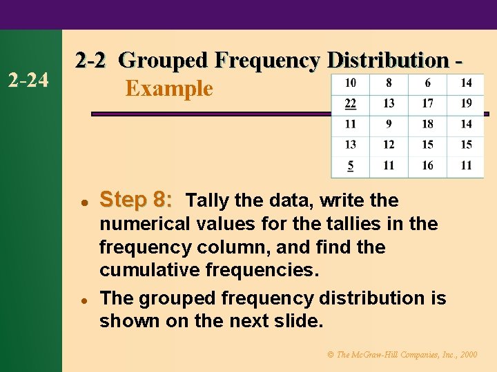 2 -24 2 -2 Grouped Frequency Distribution Example l l Step 8: Tally the