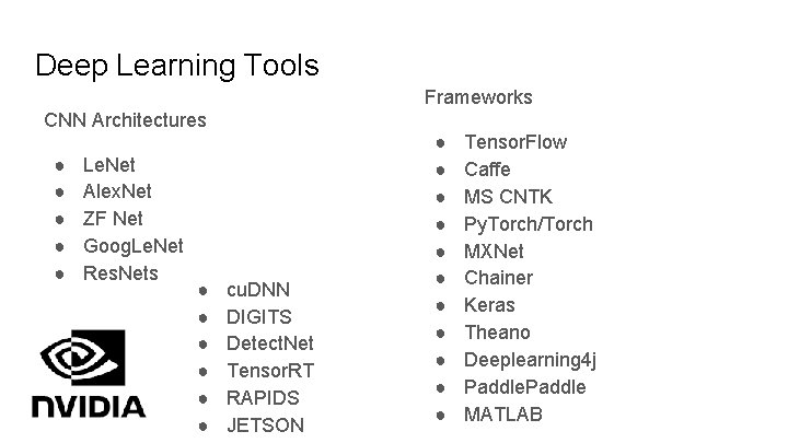 Deep Learning Tools Frameworks CNN Architectures ● ● ● Le. Net Alex. Net ZF