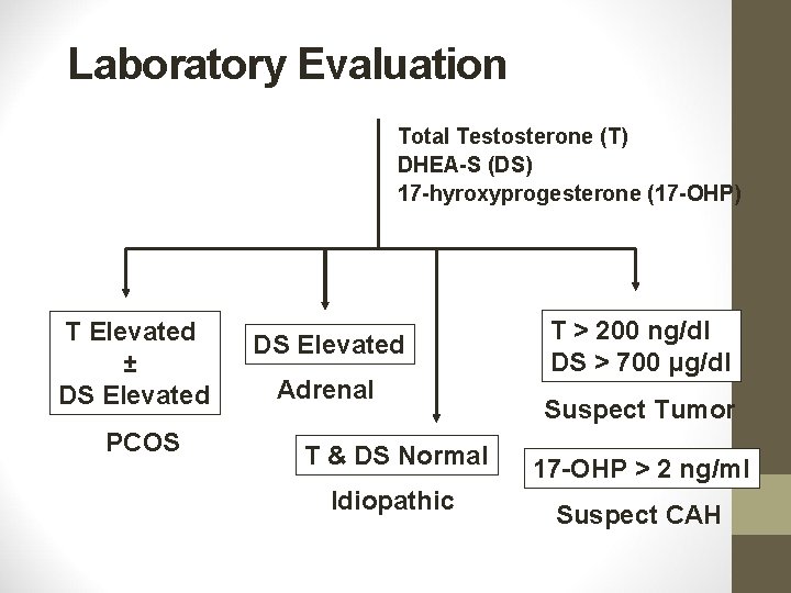 Laboratory Evaluation Total Testosterone (T) DHEA-S (DS) 17 -hyroxyprogesterone (17 -OHP) T Elevated ±