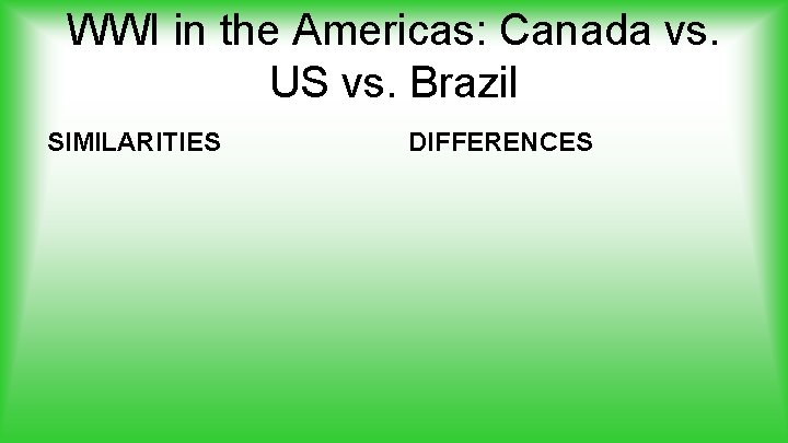 WWI in the Americas: Canada vs. US vs. Brazil SIMILARITIES DIFFERENCES 