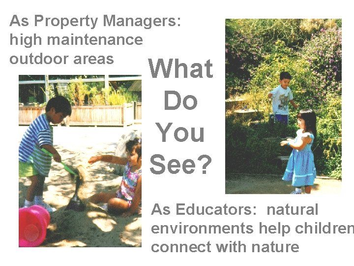 As Property Managers: high maintenance outdoor areas What Do You See? As Educators: natural