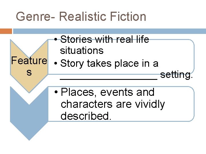 Genre- Realistic Fiction • Stories with real life situations Feature • Story takes place