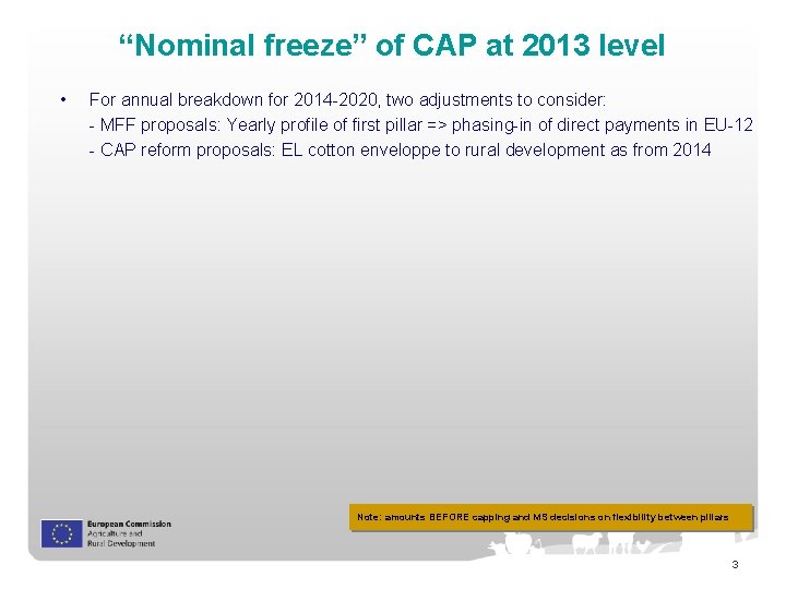 “Nominal freeze” of CAP at 2013 level • For annual breakdown for 2014 -2020,