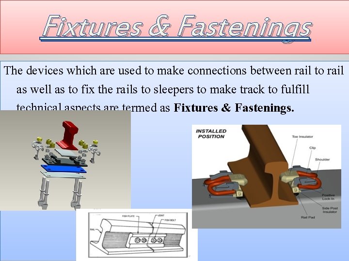 Fixtures & Fastenings The devices which are used to make connections between rail to