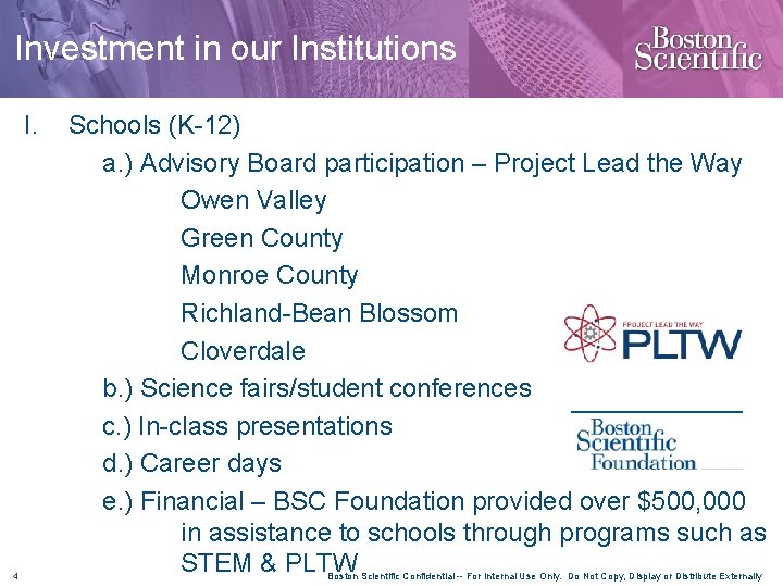 Investment in our Institutions I. 4 Schools (K-12) a. ) Advisory Board participation –