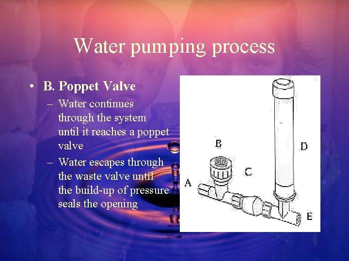 Water pumping process • B. Poppet Valve – Water continues through the system until
