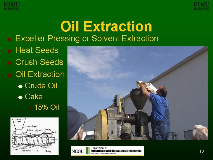 Oil Extraction n n Expeller Pressing or Solvent Extraction Heat Seeds Crush Seeds Oil