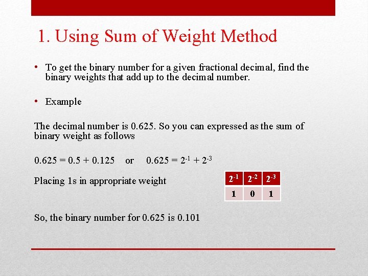 1. Using Sum of Weight Method • To get the binary number for a 1. Using Sum of Weight Method • To get the binary number for a