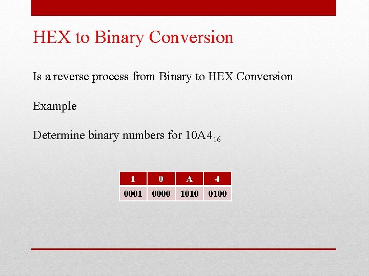 HEX to Binary Conversion Is a reverse process from Binary to HEX Conversion Example HEX to Binary Conversion Is a reverse process from Binary to HEX Conversion Example