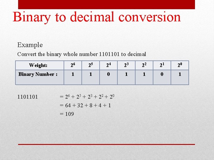 Binary to decimal conversion Example Convert the binary whole number 1101101 to decimal Weight: Binary to decimal conversion Example Convert the binary whole number 1101101 to decimal Weight: