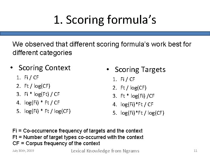 1. Scoring formula’s We observed that different scoring formula’s work best for different categories
