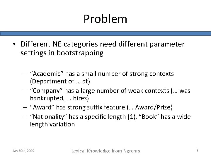 Problem • Different NE categories need different parameter settings in bootstrapping – “Academic” has