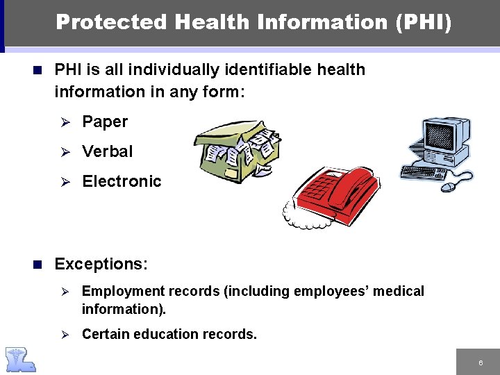 Protected Health Information (PHI) n n PHI is all individually identifiable health information in