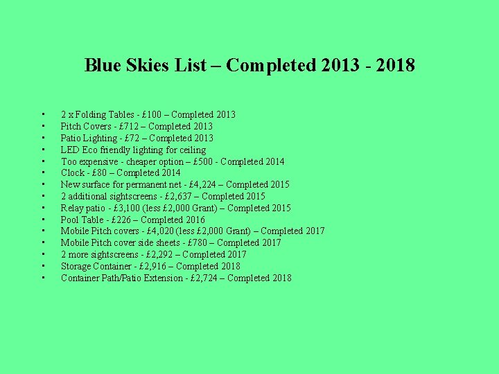 Blue Skies List – Completed 2013 - 2018 • • • • 2 x