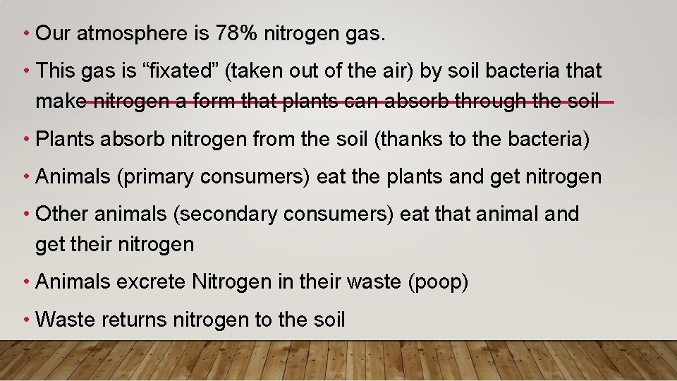  • Our atmosphere is 78% nitrogen gas. • This gas is “fixated” (taken