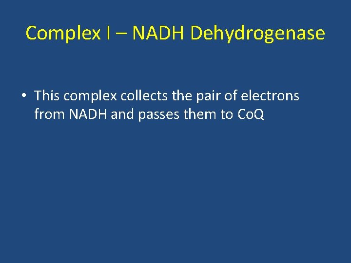 Complex I – NADH Dehydrogenase • This complex collects the pair of electrons from