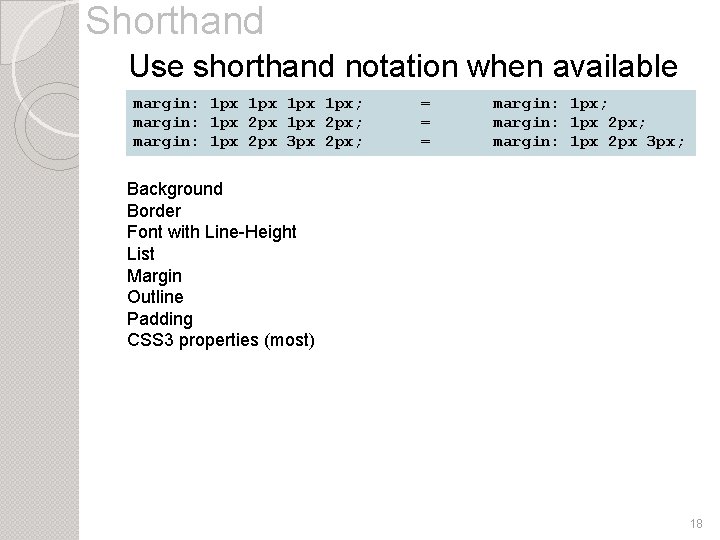 Shorthand Use shorthand notation when available margin: 1 px 1 px; margin: 1 px