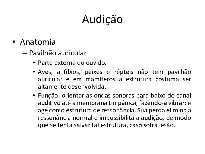 Audição • Anatomia – Pavilhão auricular • Parte externa do ouvido. • Aves, anfíbios,