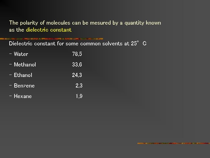 The polarity of molecules can be mesured by a quantity known as the dielectric