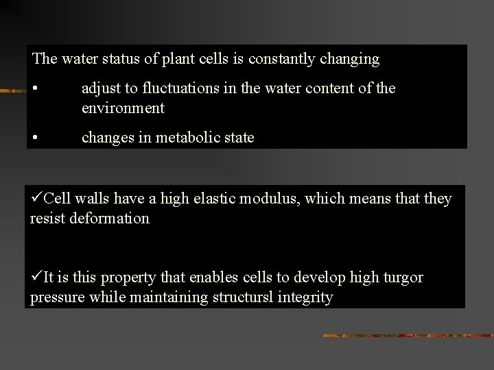 The water status of plant cells is constantly changing • adjust to fluctuations in