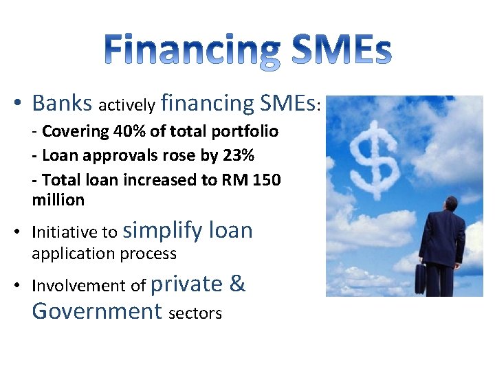  • Banks actively financing SMEs: - Covering 40% of total portfolio - Loan