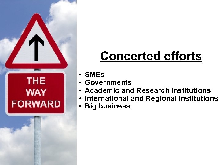 Concerted efforts • • • SMEs Governments Academic and Research Institutions International and Regional