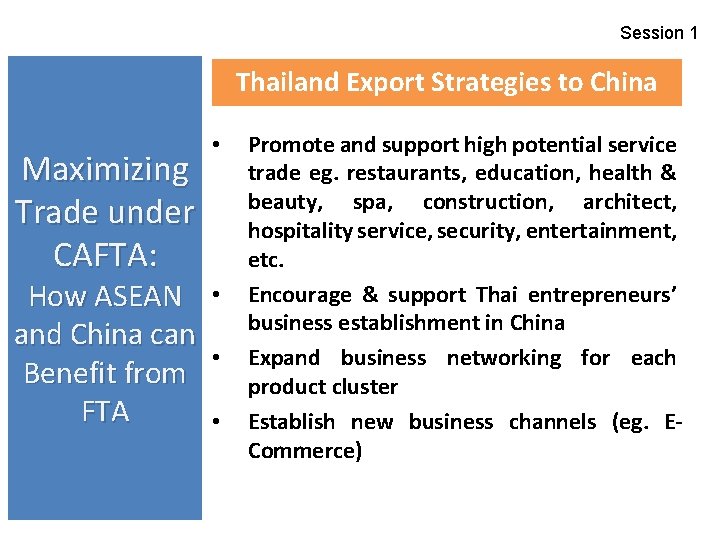 Session 1 Thailand Export Strategies to China Maximizing Trade under CAFTA: How ASEAN and