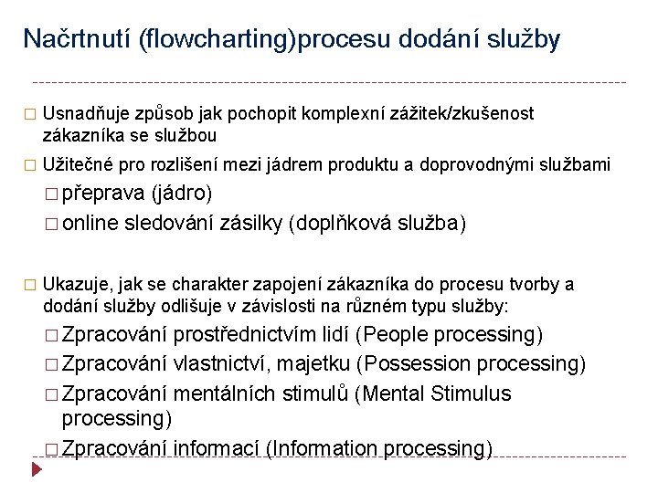 Načrtnutí (flowcharting)procesu dodání služby � Usnadňuje způsob jak pochopit komplexní zážitek/zkušenost zákazníka se službou